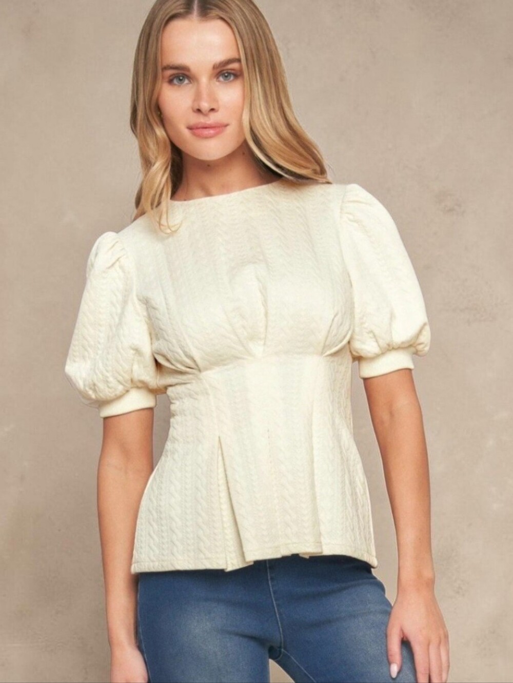 Textured Cream Puff-Sleeve Peplum Top